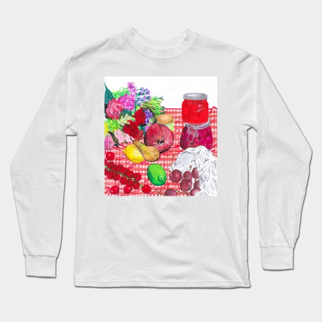 Fruits, Jars, and Flowers on red gingham tablecloth Long Sleeve T-Shirt by sadnettles